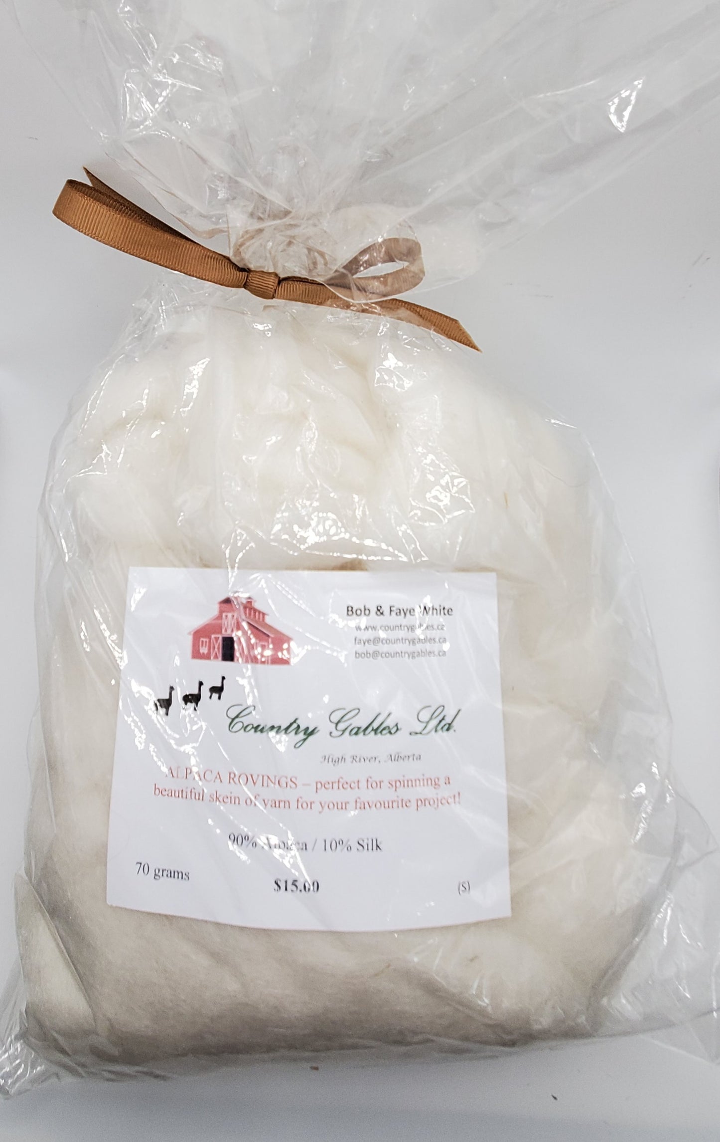 S - Alpaca Roving White 90% Alpaca 10% Silk (70 Grams)